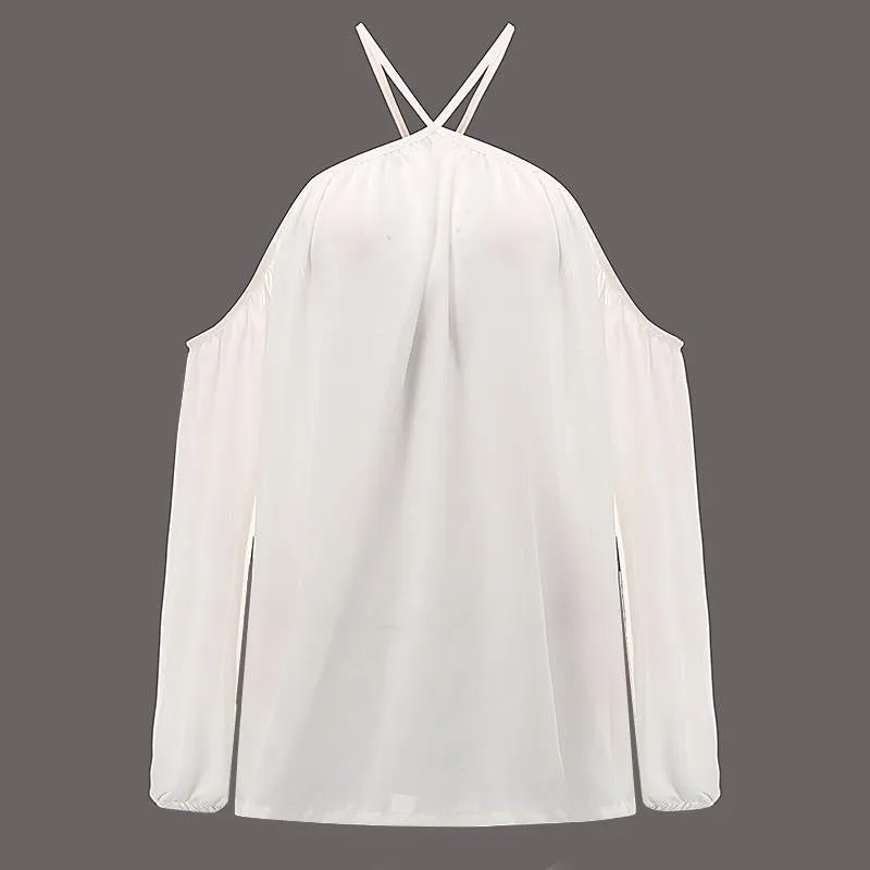 Women Off Shoulder Blouse Halter Long Sleeve Chiffon Top Plus Size Ladies Solid Causal Loose Chiffon Shirts