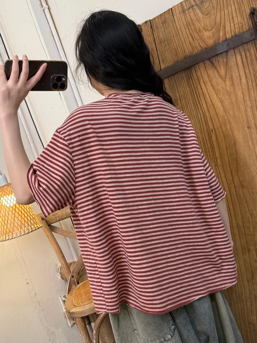 Women Summer Retro Stripe O-Neck Cotton Loose Shirt