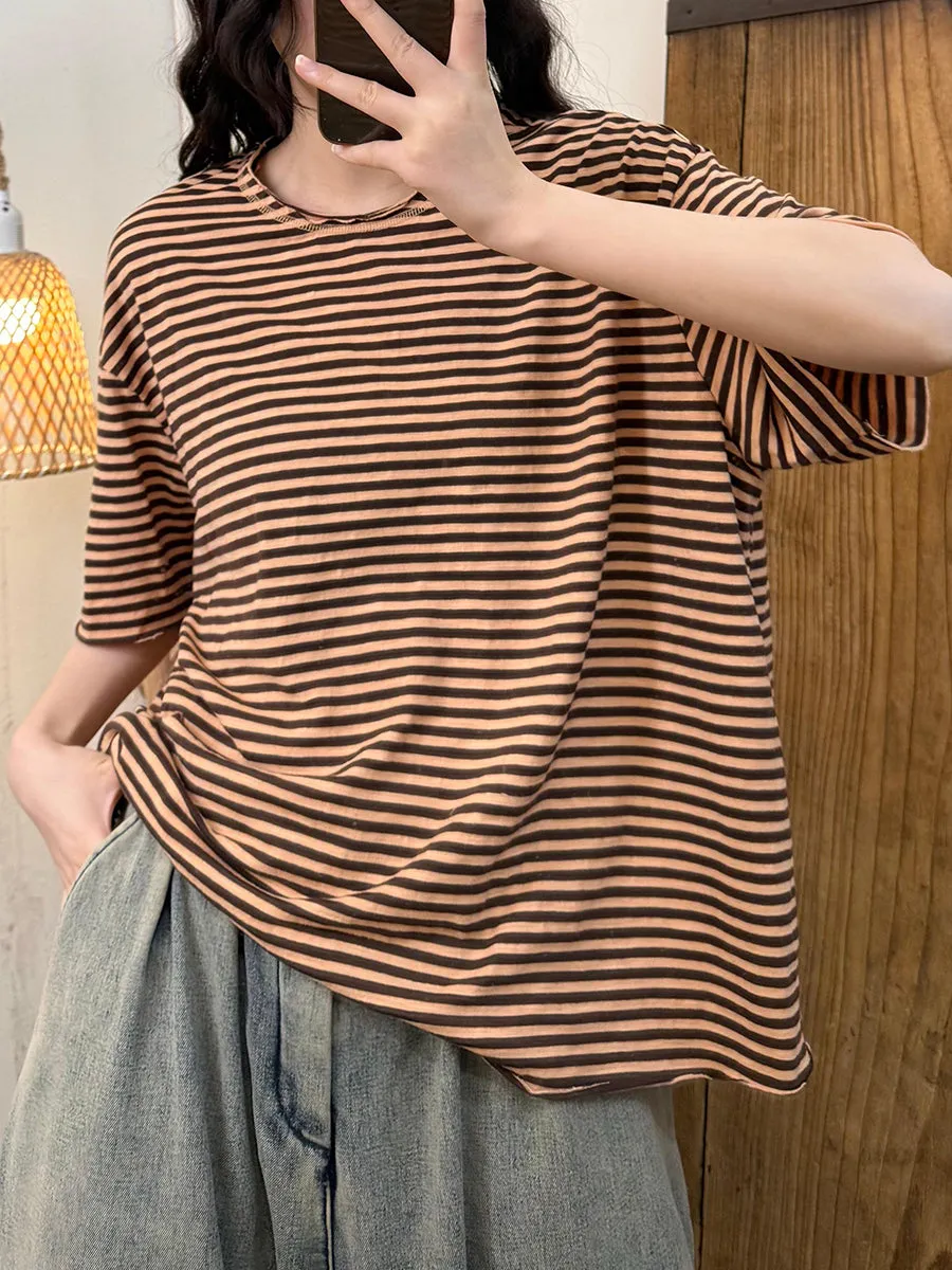 Women Summer Retro Stripe O-Neck Cotton Loose Shirt
