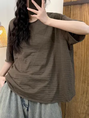 Women Summer Retro Stripe O-Neck Cotton Loose Shirt