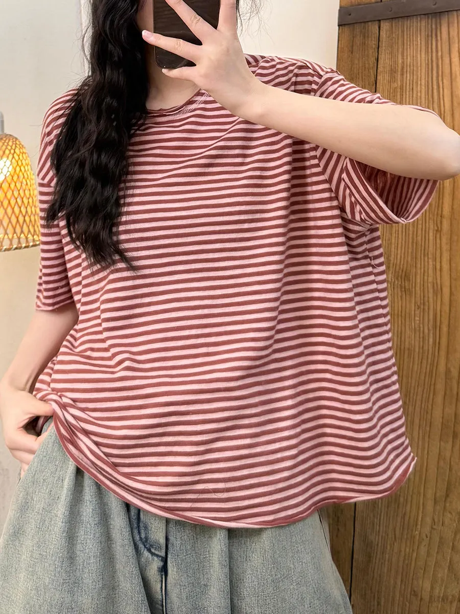 Women Summer Retro Stripe O-Neck Cotton Loose Shirt