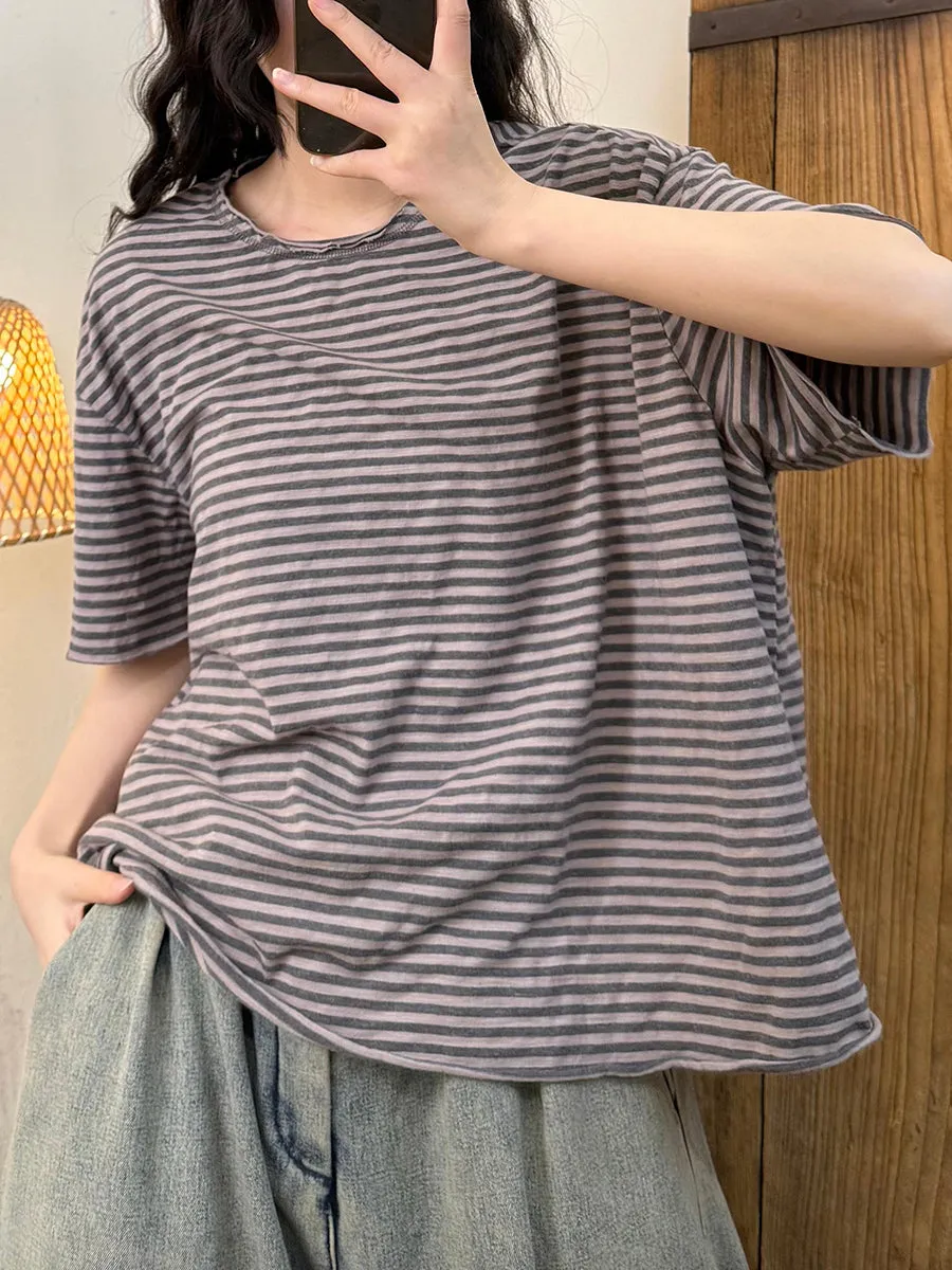 Women Summer Retro Stripe O-Neck Cotton Loose Shirt