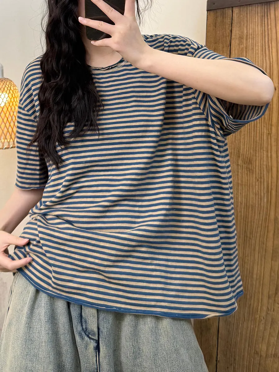 Women Summer Retro Stripe O-Neck Cotton Loose Shirt