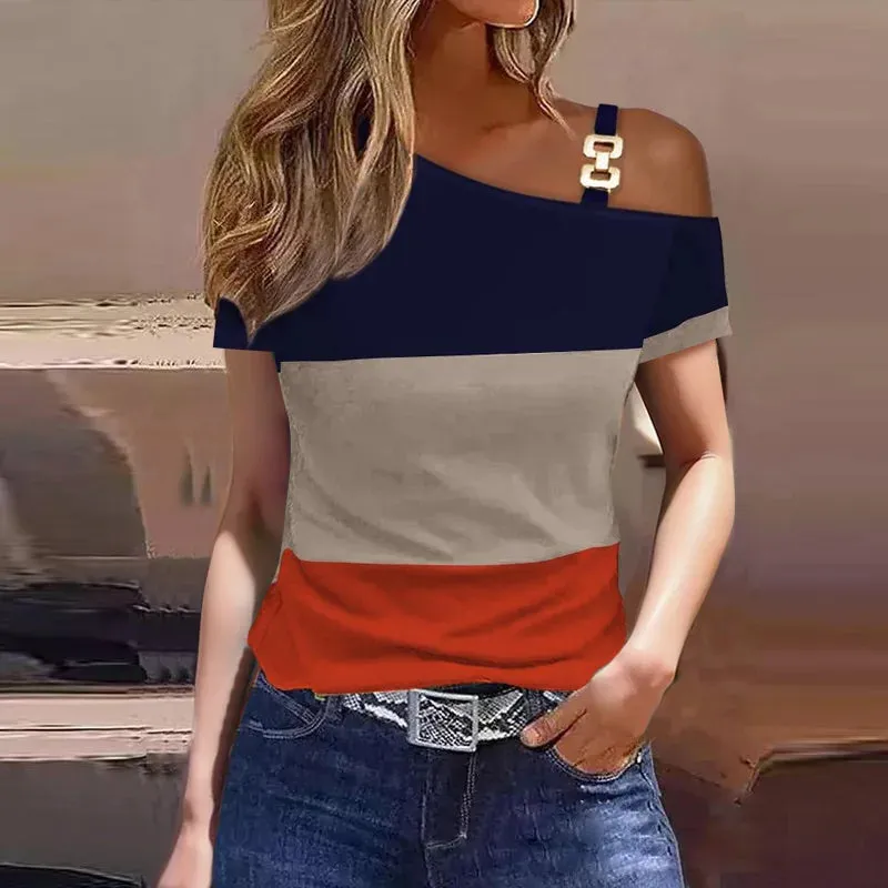 Women Summer Tops Fashion Sexy Lace Stitching Short Sleeve One Shoulder Buckle Loose Shirts Female