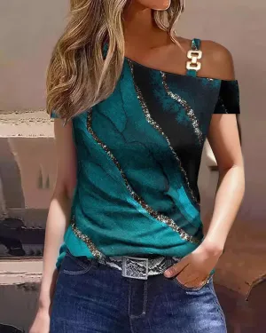 Women Summer Tops Fashion Sexy Lace Stitching Short Sleeve One Shoulder Buckle Loose Shirts Female