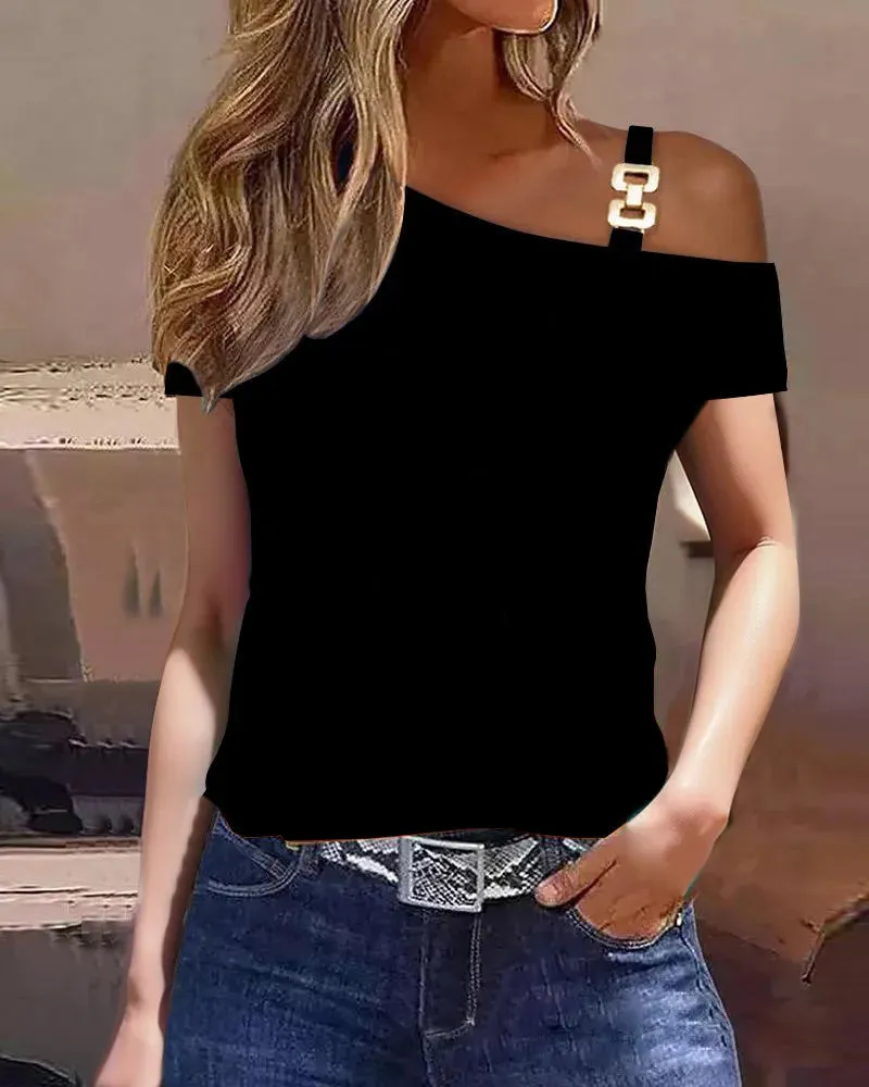 Women Summer Tops Fashion Sexy Lace Stitching Short Sleeve One Shoulder Buckle Loose Shirts Female