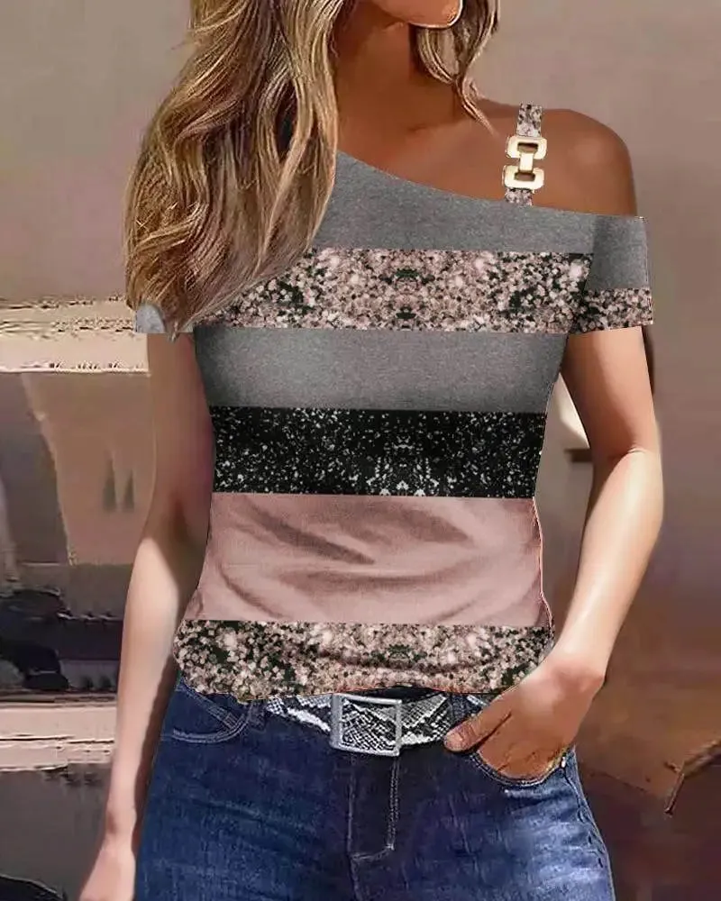 Women Summer Tops Fashion Sexy Lace Stitching Short Sleeve One Shoulder Buckle Loose Shirts Female