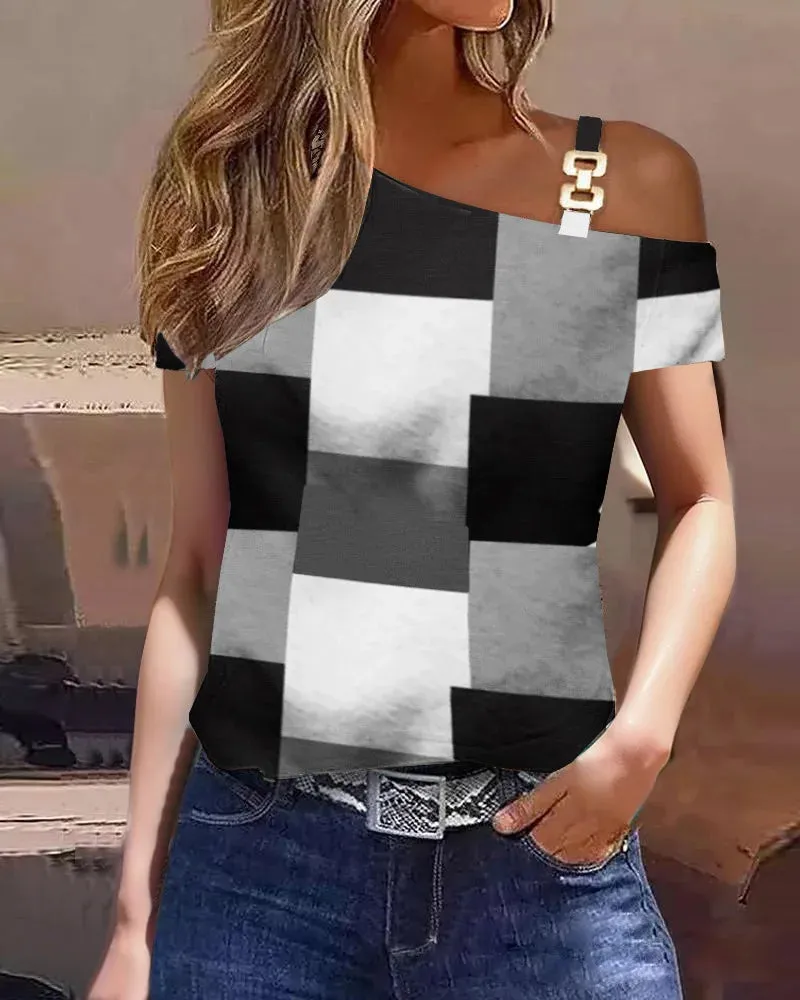 Women Summer Tops Fashion Sexy Lace Stitching Short Sleeve One Shoulder Buckle Loose Shirts Female