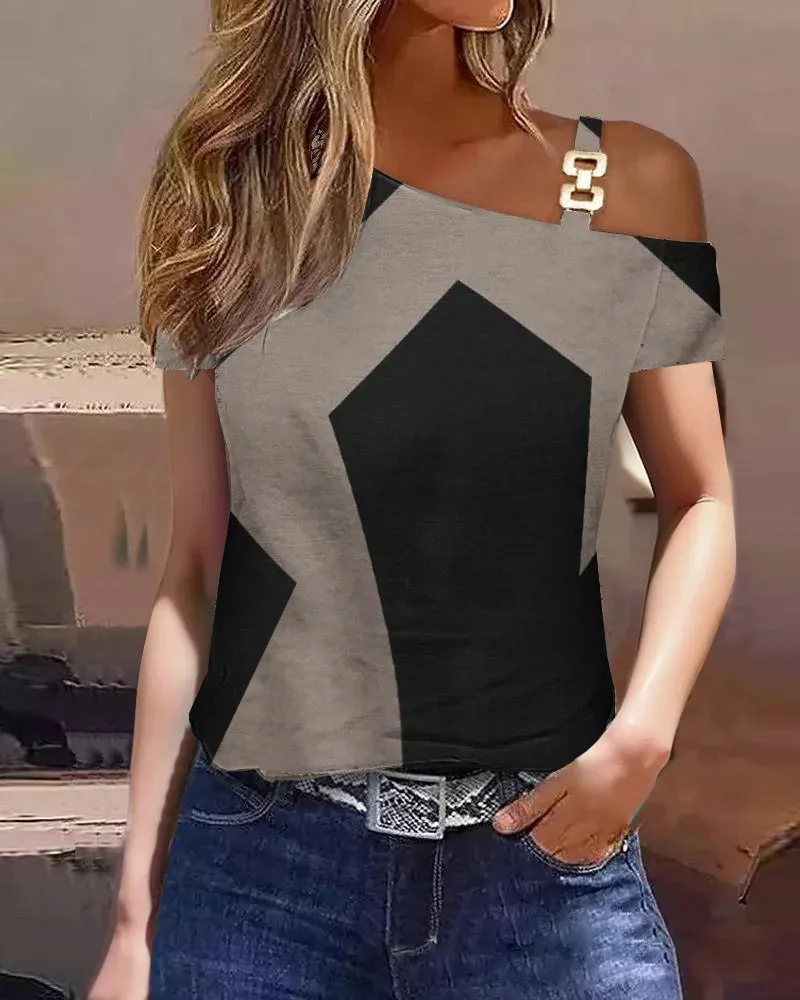 Women Summer Tops Fashion Sexy Lace Stitching Short Sleeve One Shoulder Buckle Loose Shirts Female