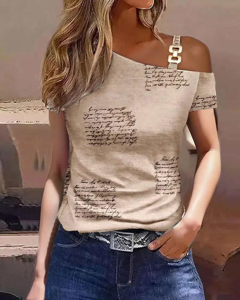 Women Summer Tops Fashion Sexy Lace Stitching Short Sleeve One Shoulder Buckle Loose Shirts Female