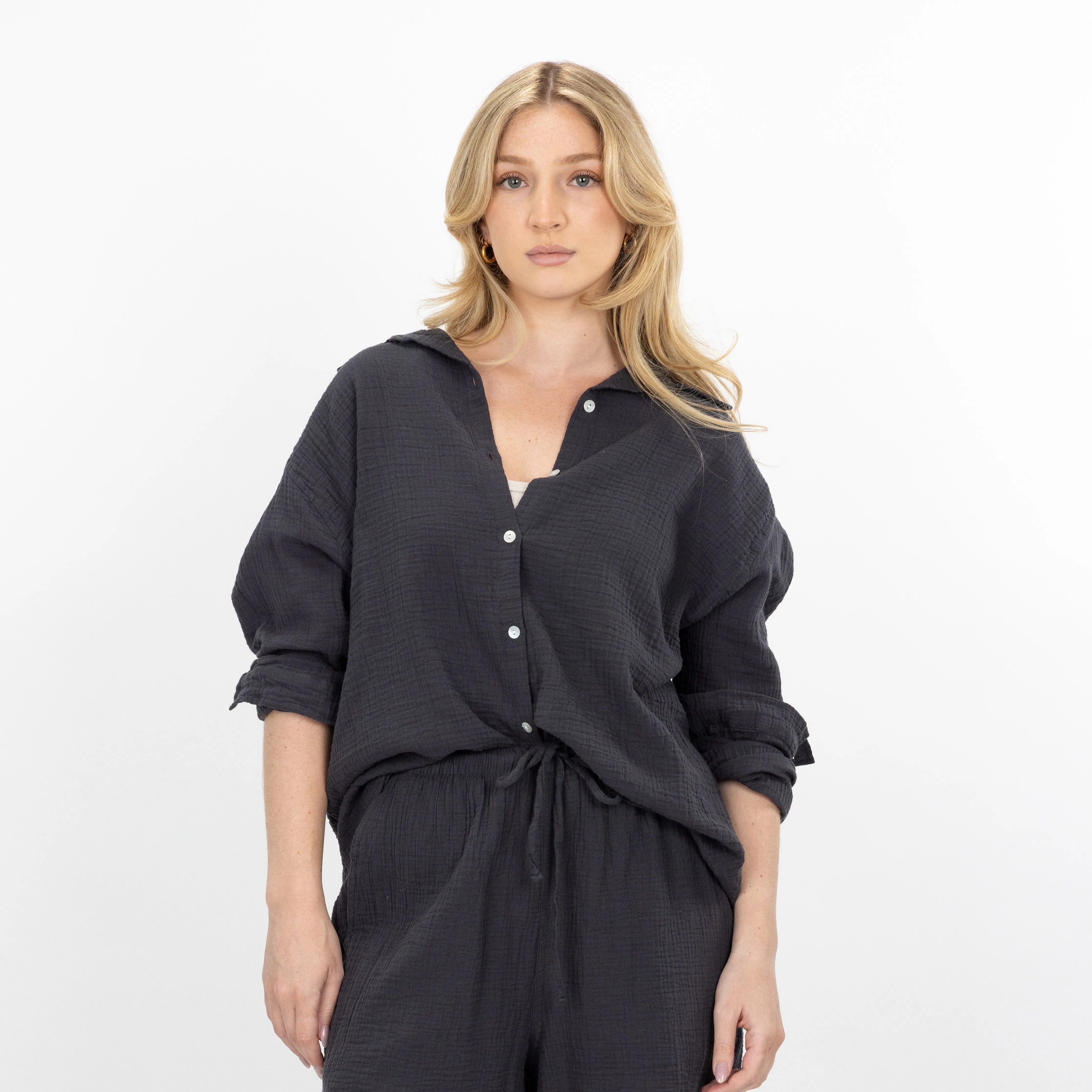 Womens Cotton Double Gauze Shirt - Raven