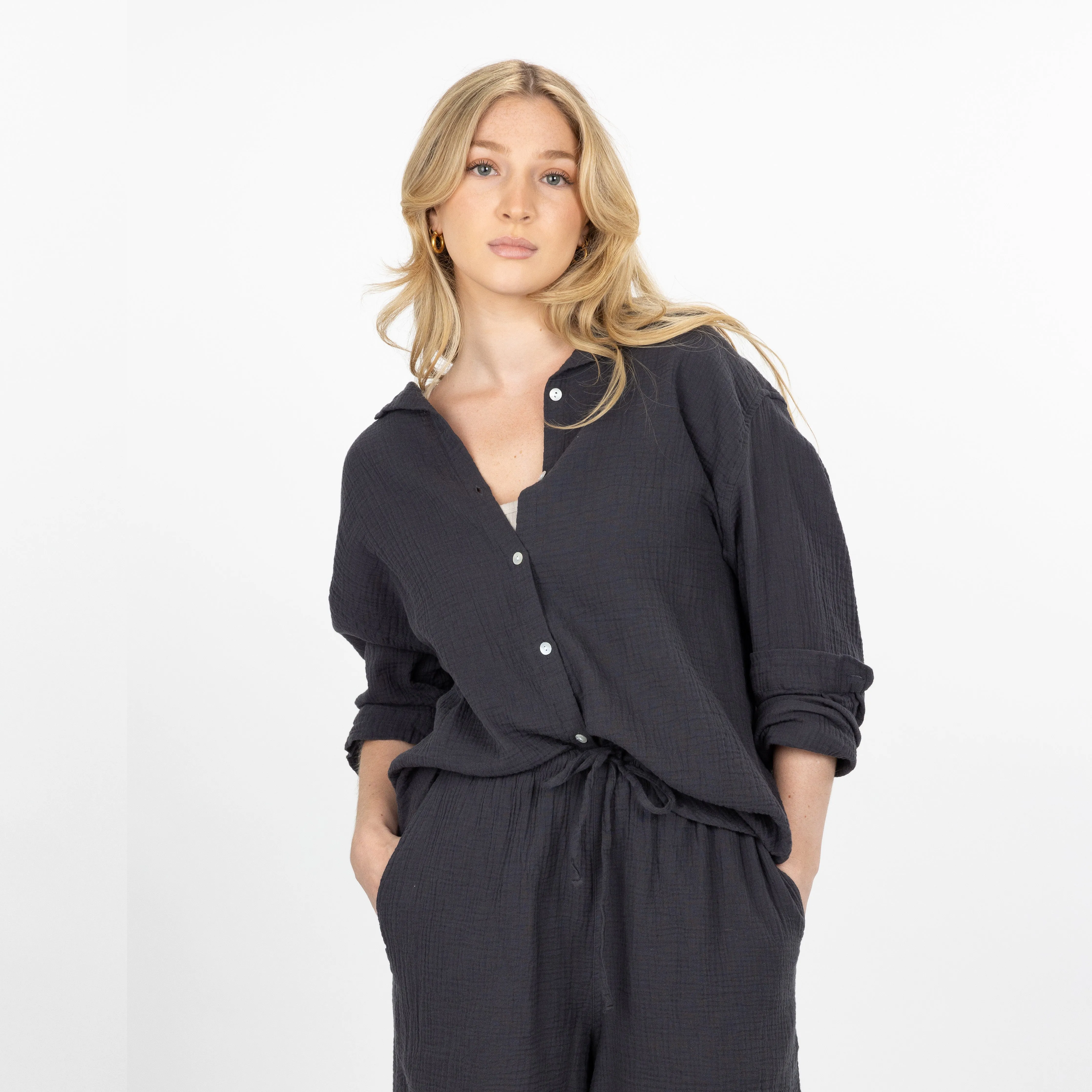 Womens Cotton Double Gauze Shirt - Raven