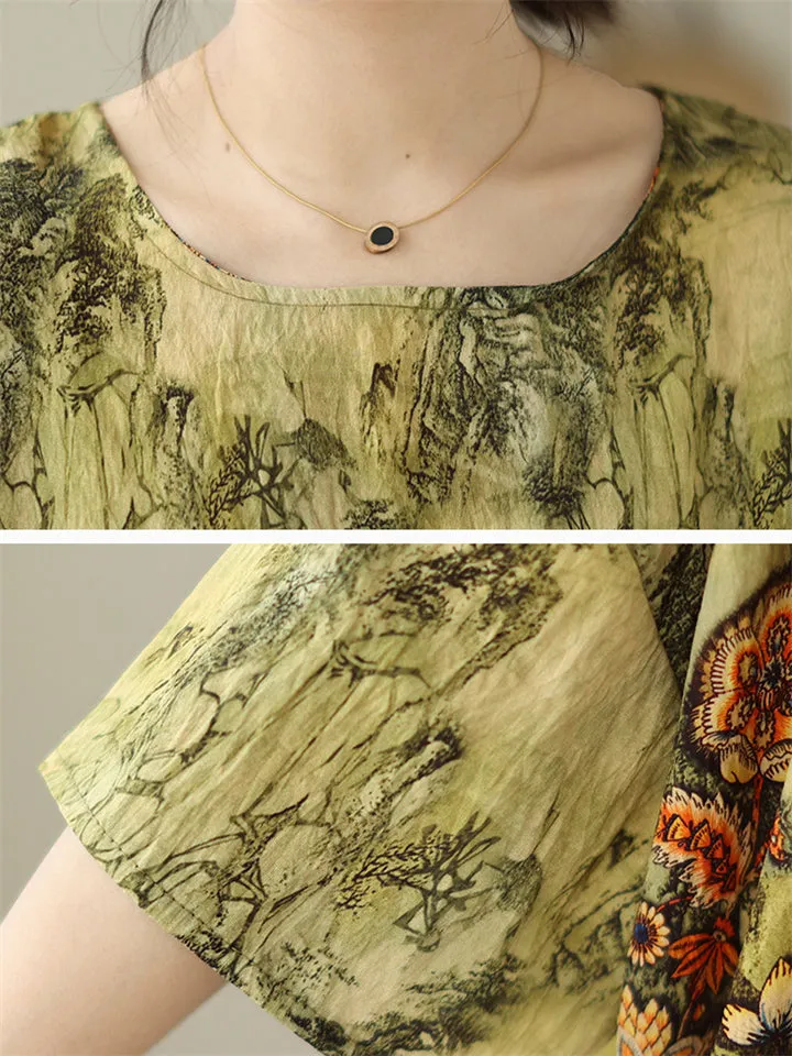 Women's Crew Neck Loose Pullover Floral Print Shirt