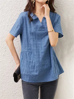 Women's Plaid Loose V-Neck Short Sleeve Plus Size Shirt