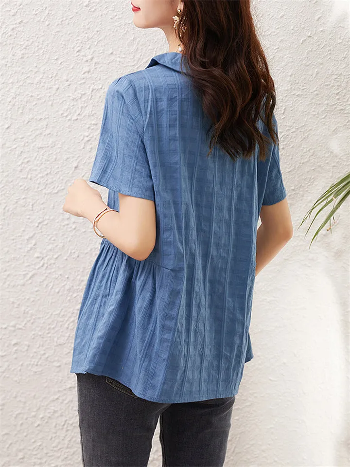 Women's Plaid Loose V-Neck Short Sleeve Plus Size Shirt