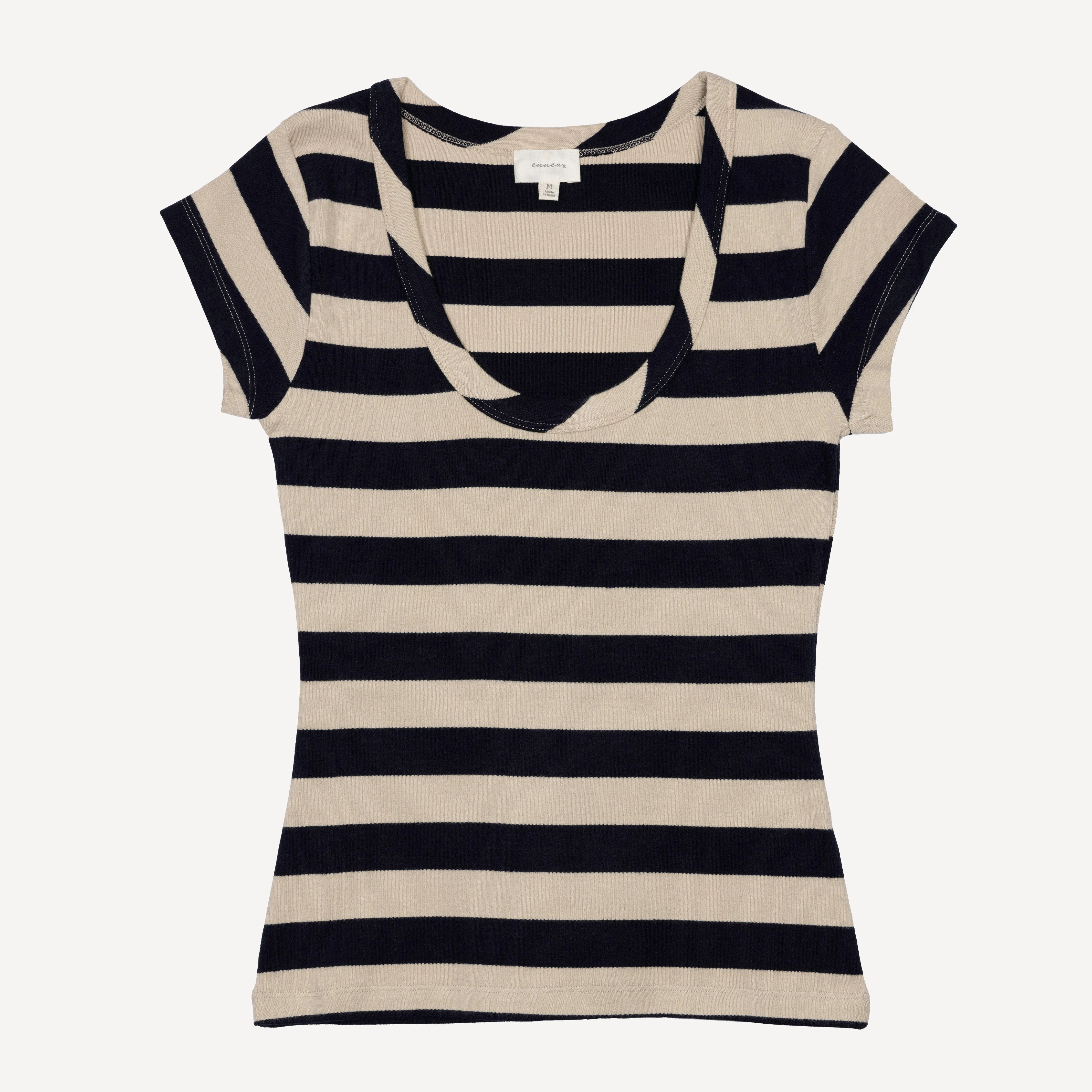 Womens Stripe Scoop Neck Cap Sleeve Tee - Night Sky / Fog