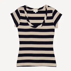 Womens Stripe Scoop Neck Cap Sleeve Tee - Night Sky / Fog