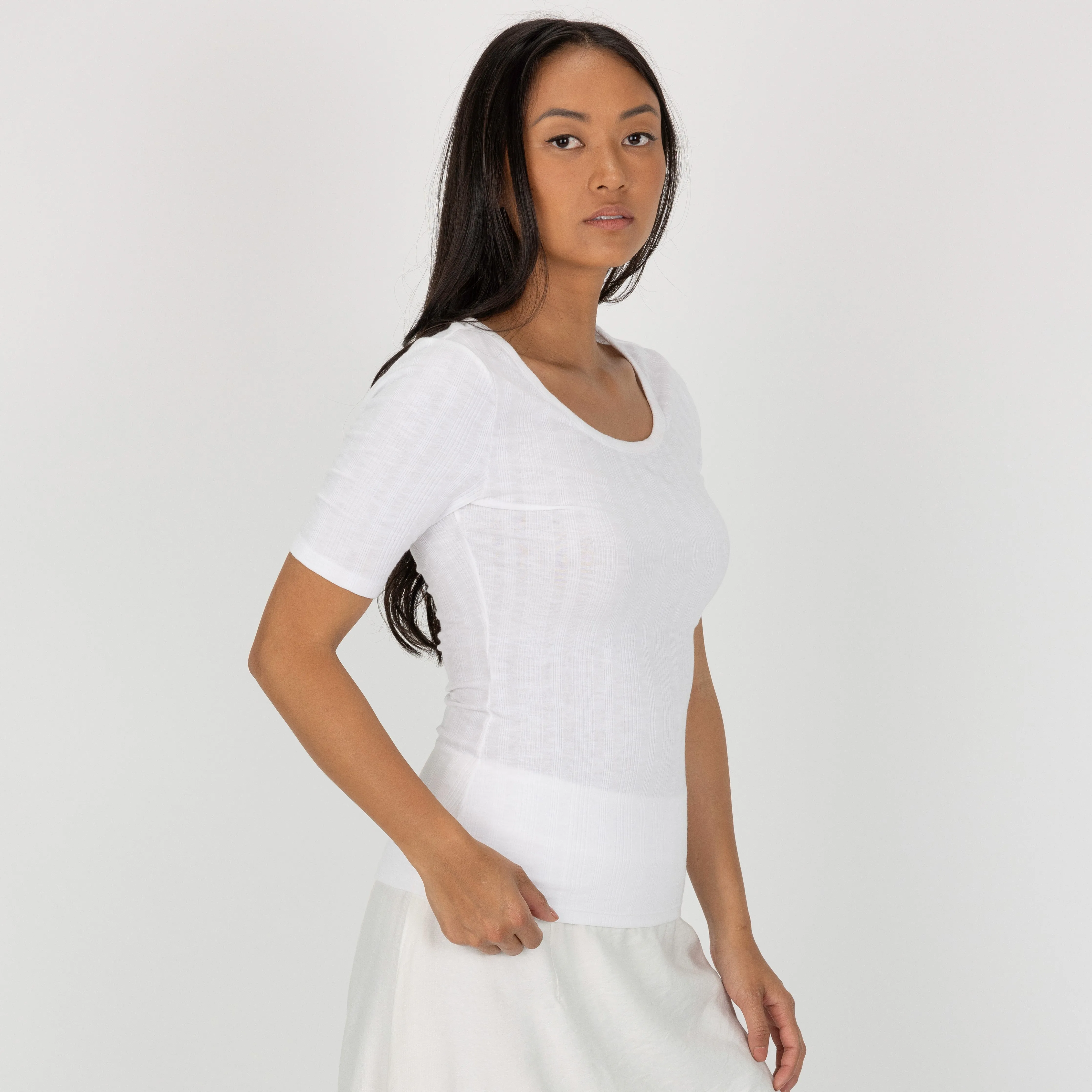 Womens Variegated Ribbed Elbow Sleeve U-neck Tee - White
