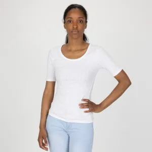 Womens Variegated Ribbed Elbow Sleeve U-neck Tee - White