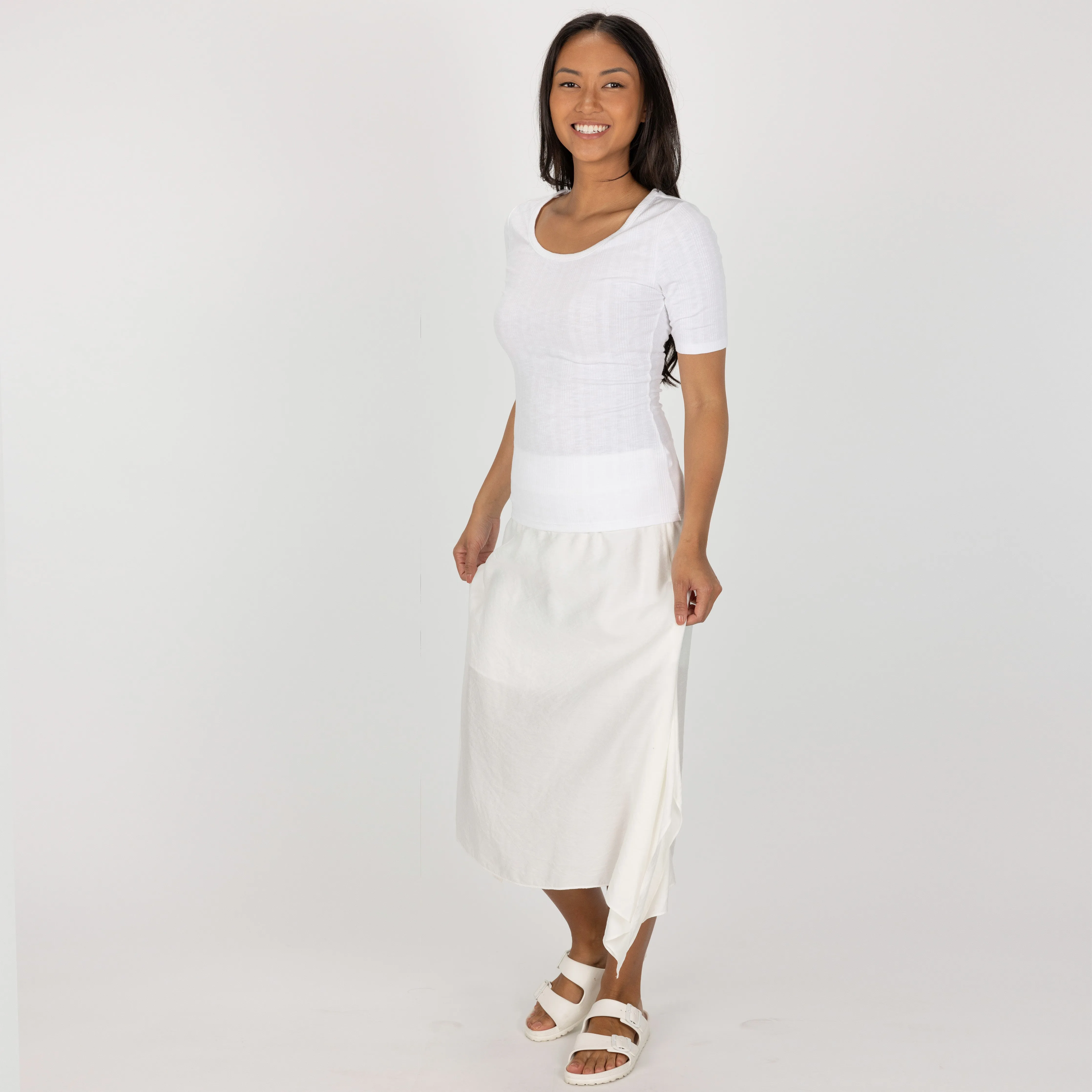 Womens Variegated Ribbed Elbow Sleeve U-neck Tee - White