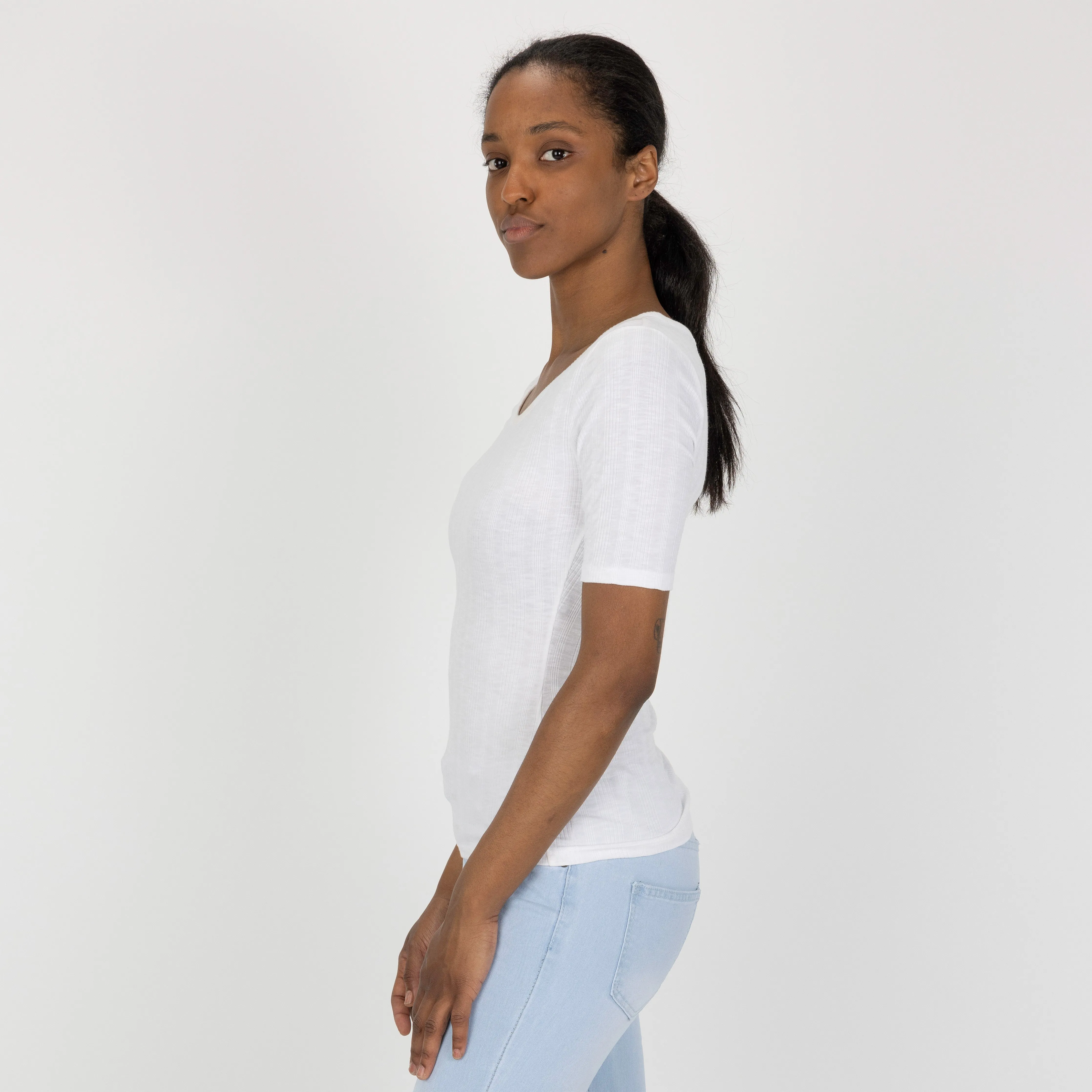 Womens Variegated Ribbed Elbow Sleeve U-neck Tee - White