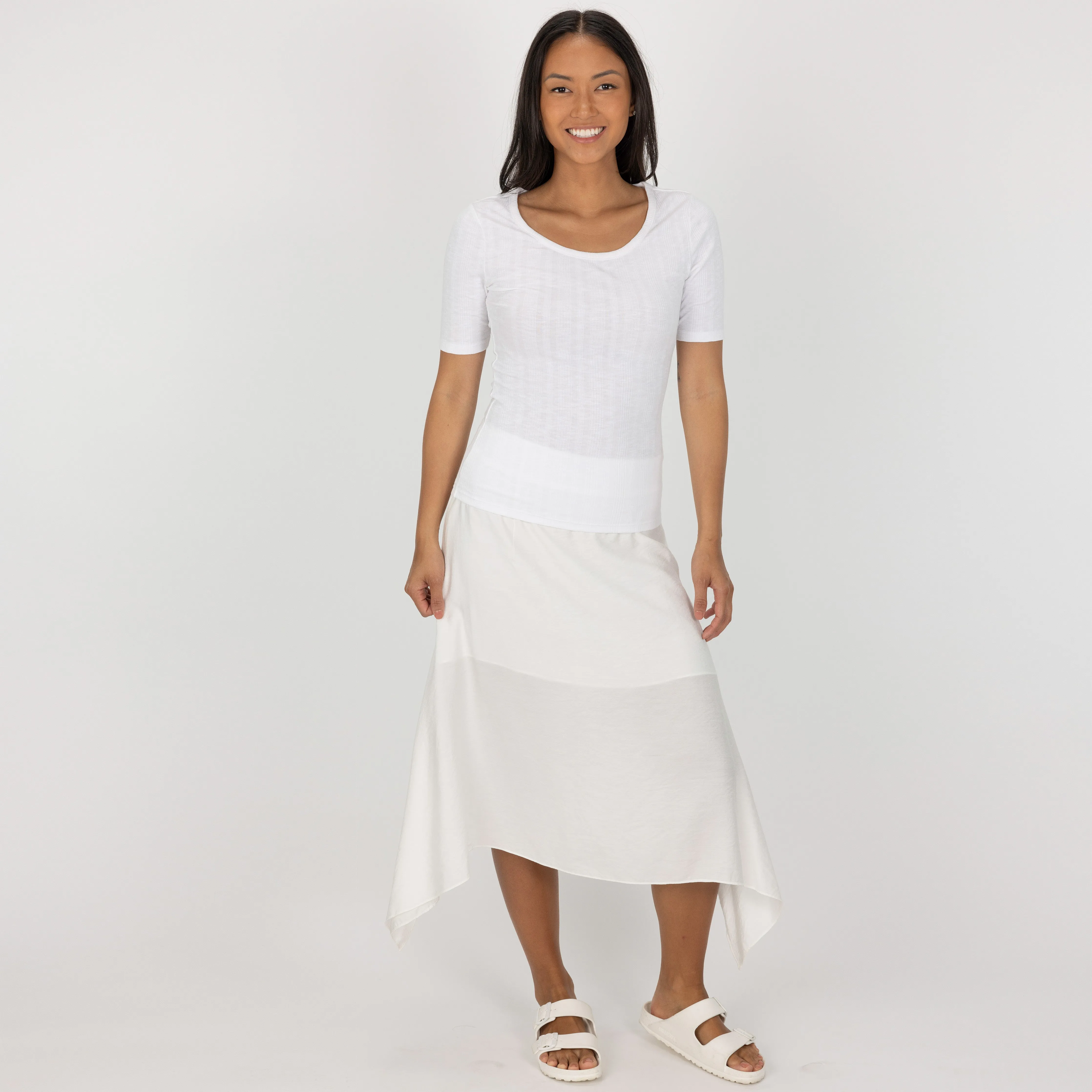 Womens Variegated Ribbed Elbow Sleeve U-neck Tee - White