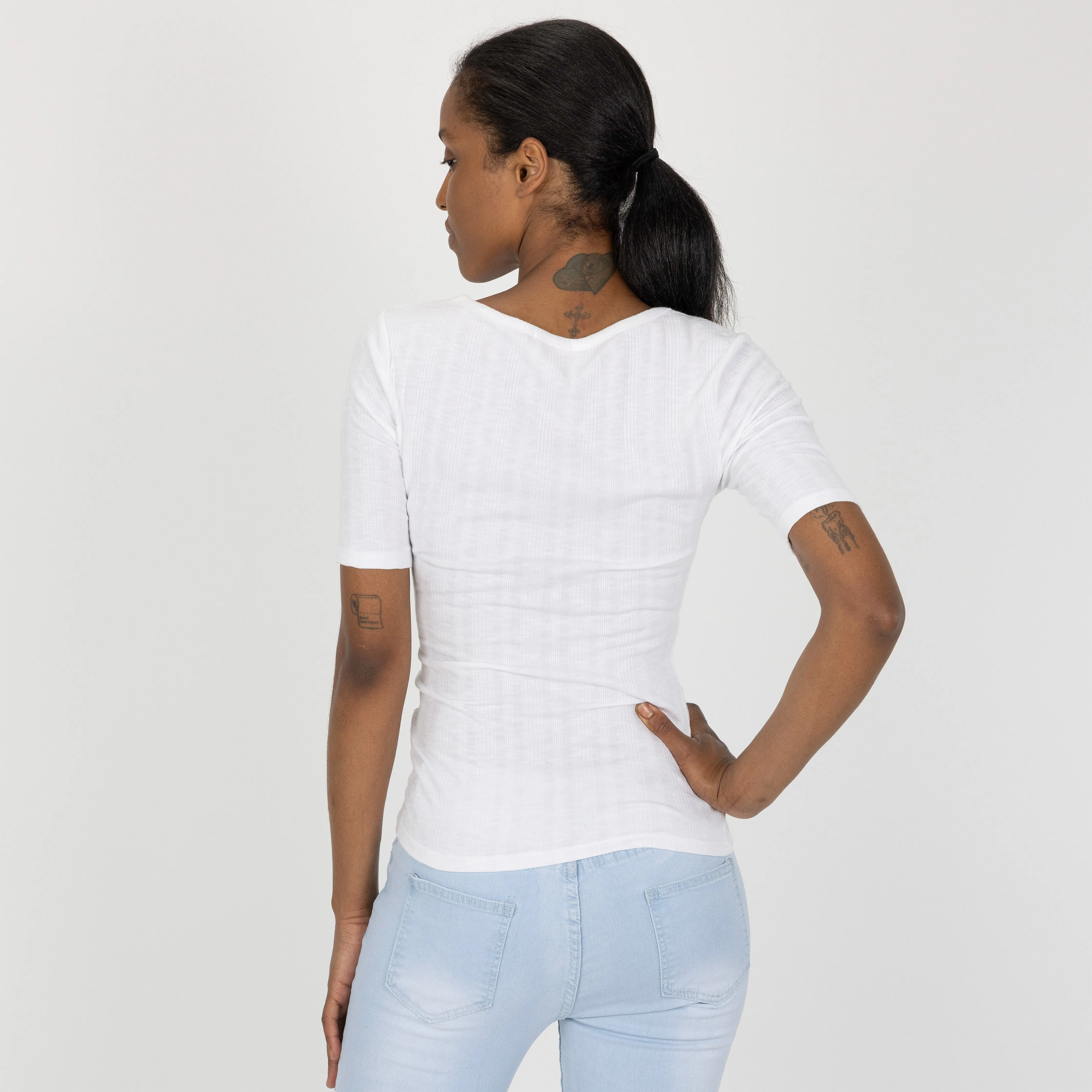 Womens Variegated Ribbed Elbow Sleeve U-neck Tee - White