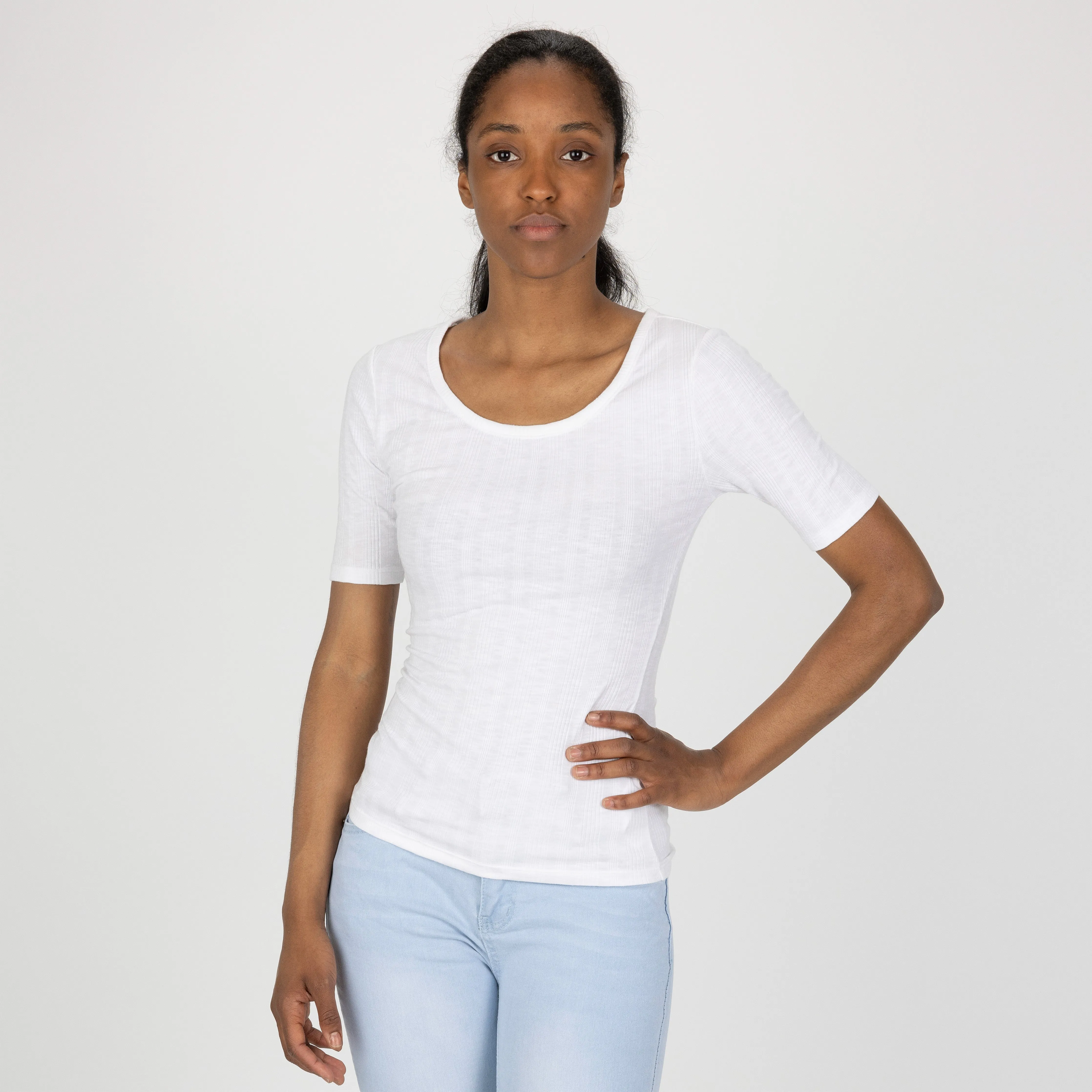 Womens Variegated Ribbed Elbow Sleeve U-neck Tee - White