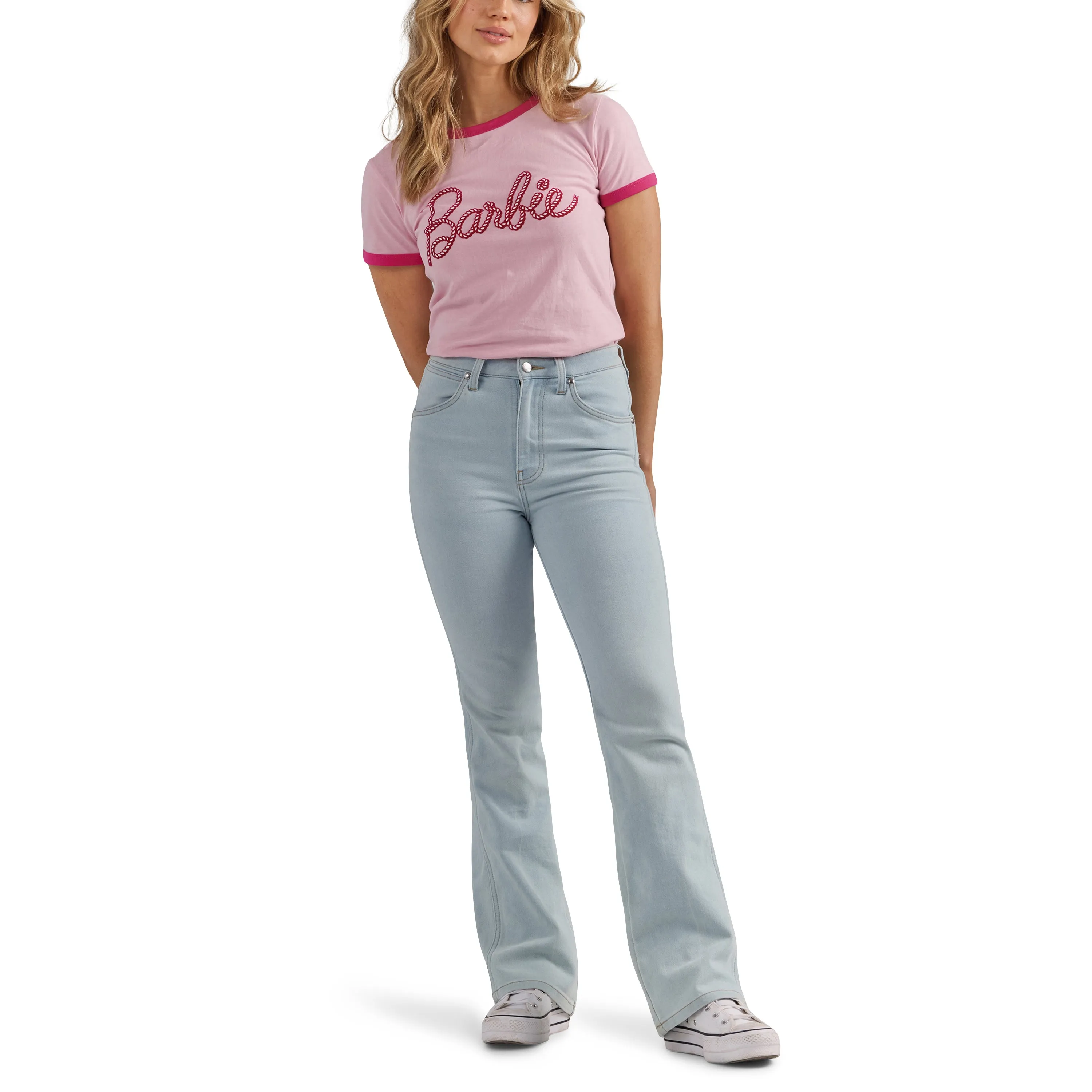 Wrangler Women's Barbie Logo Pink Slim Ringer Tee