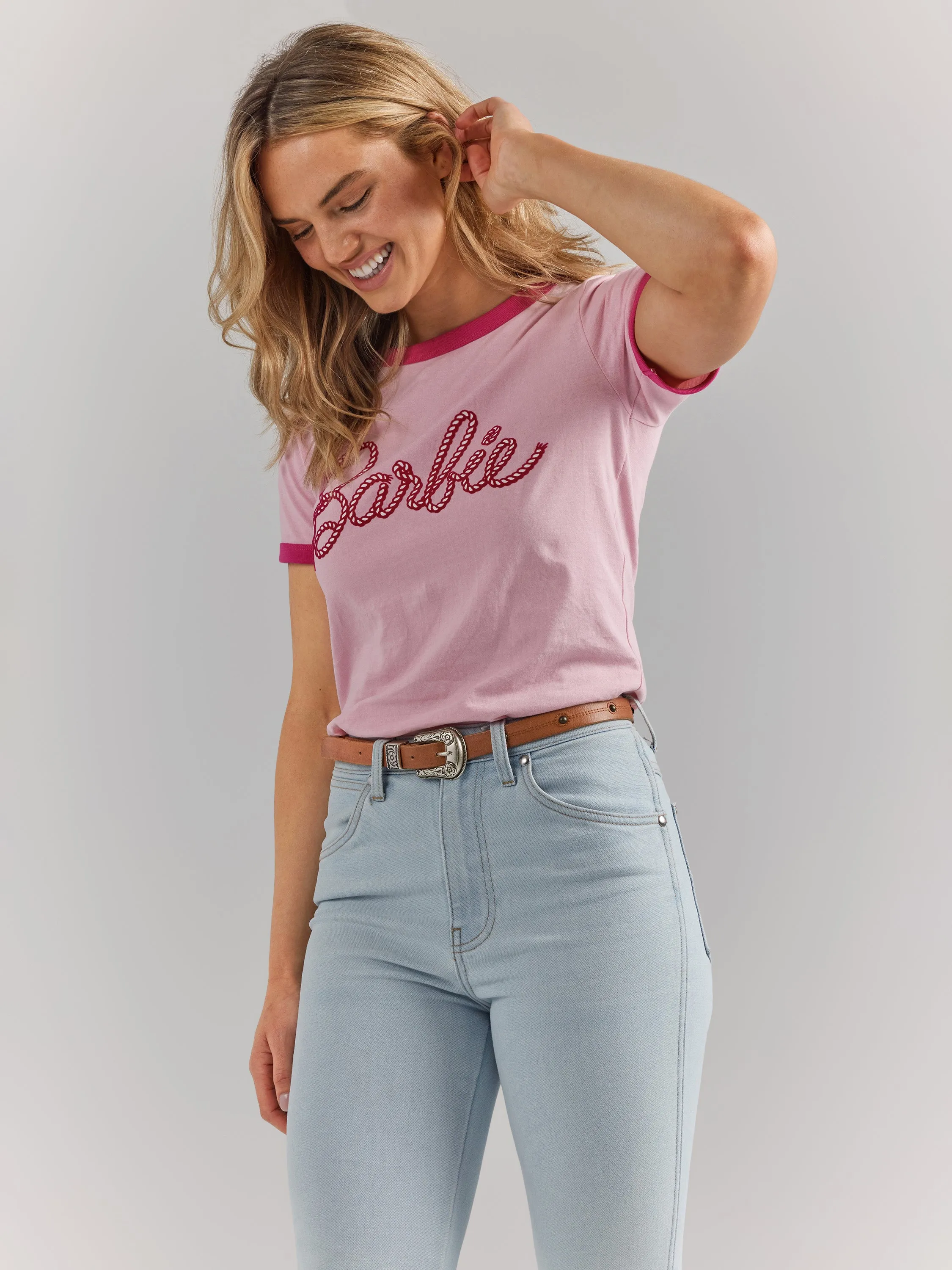 Wrangler Women's Barbie Logo Pink Slim Ringer Tee
