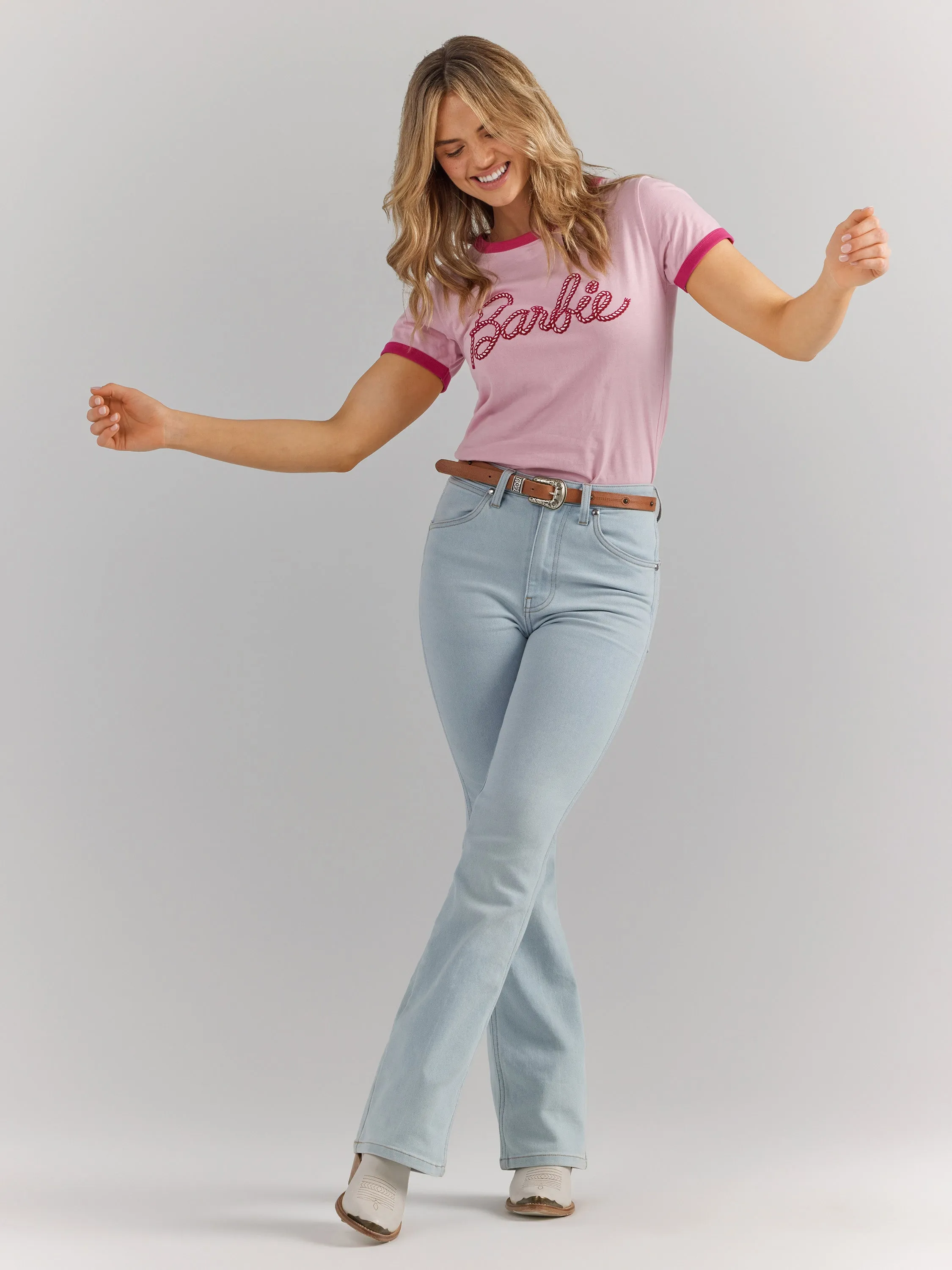 Wrangler Women's Barbie Logo Pink Slim Ringer Tee