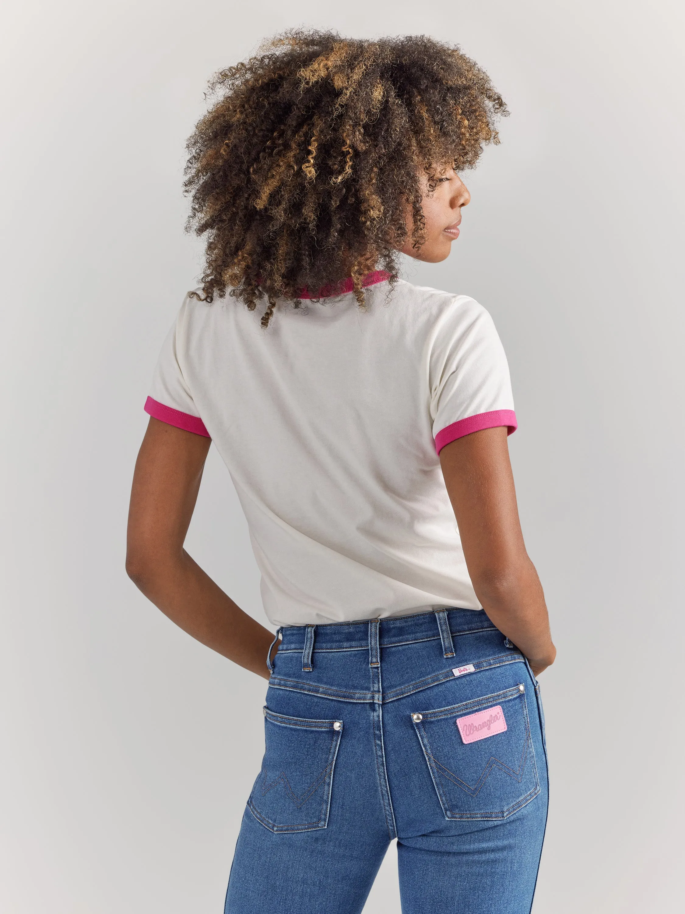 Wrangler Women's Barbie Logo Worn White Slim Ringer Tee