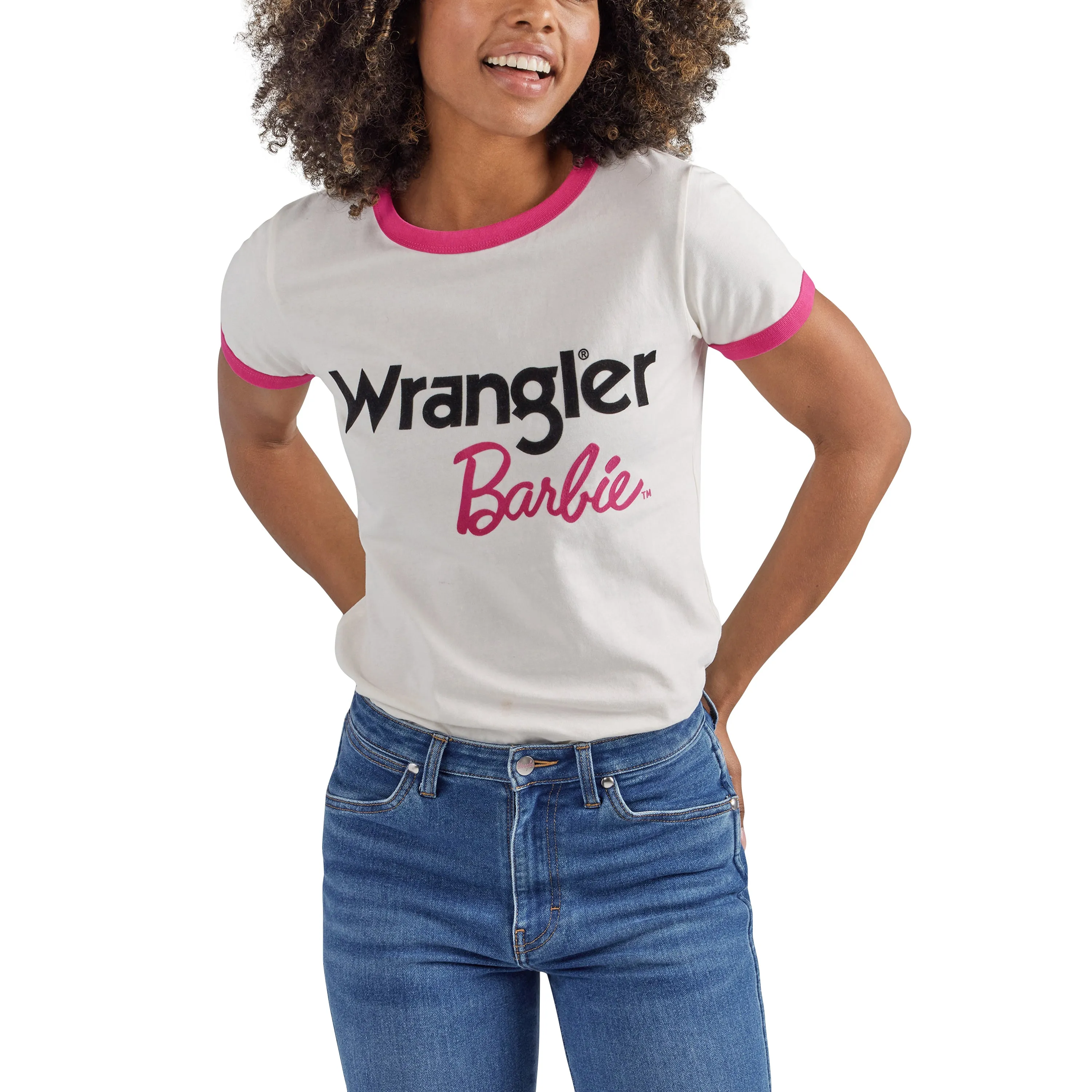 Wrangler Women's Barbie Logo Worn White Slim Ringer Tee