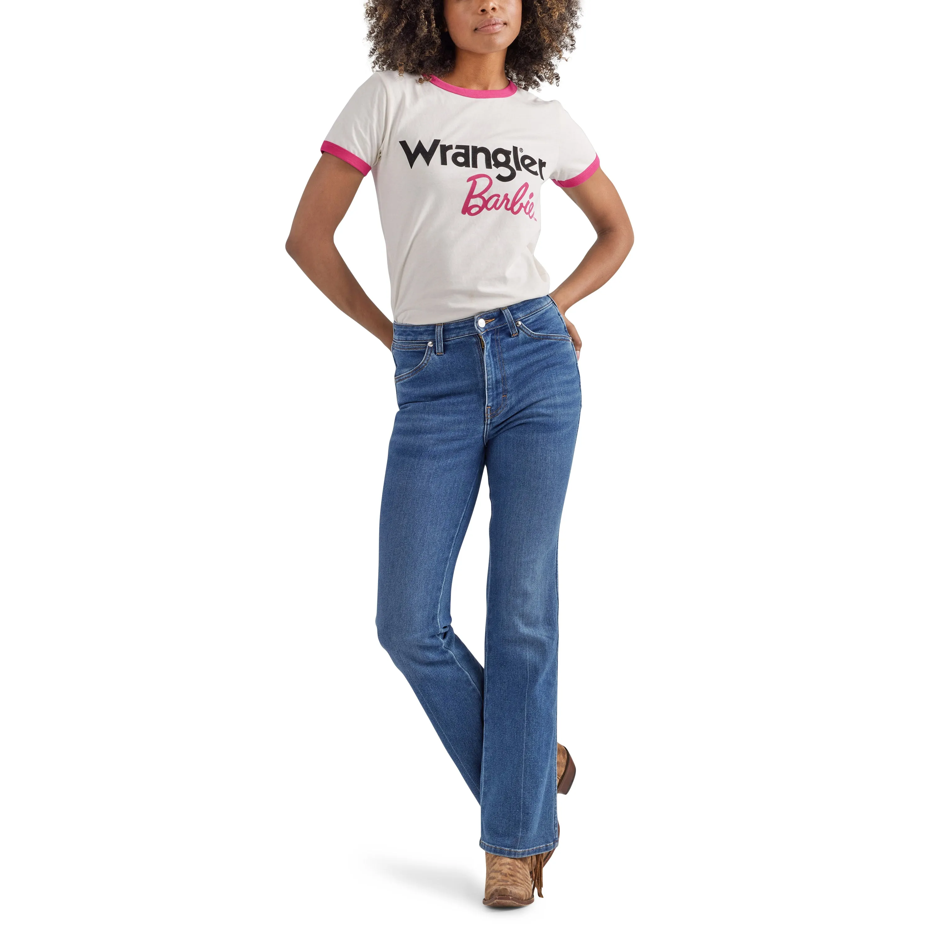Wrangler Women's Barbie Logo Worn White Slim Ringer Tee
