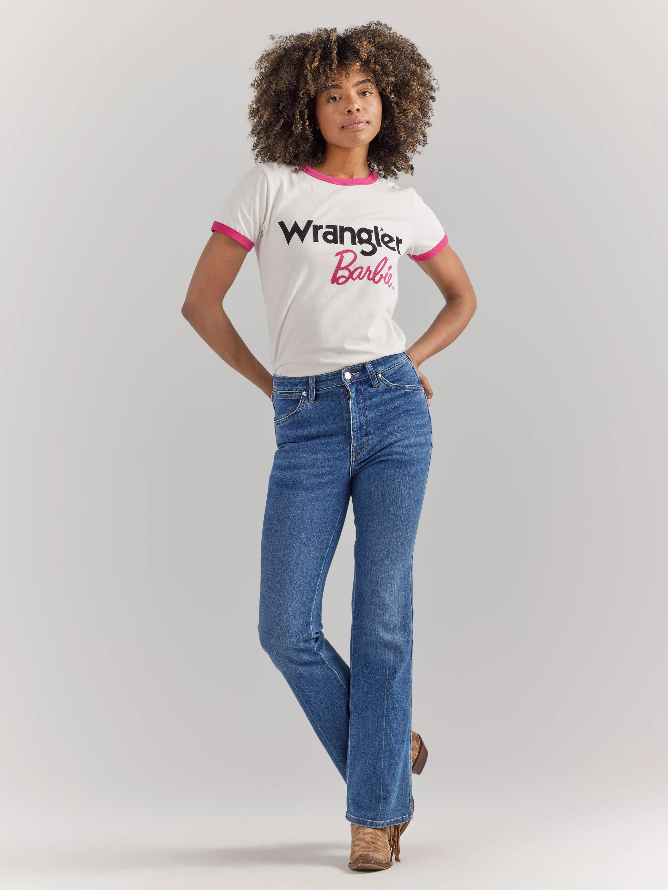 Wrangler Women's Barbie Logo Worn White Slim Ringer Tee