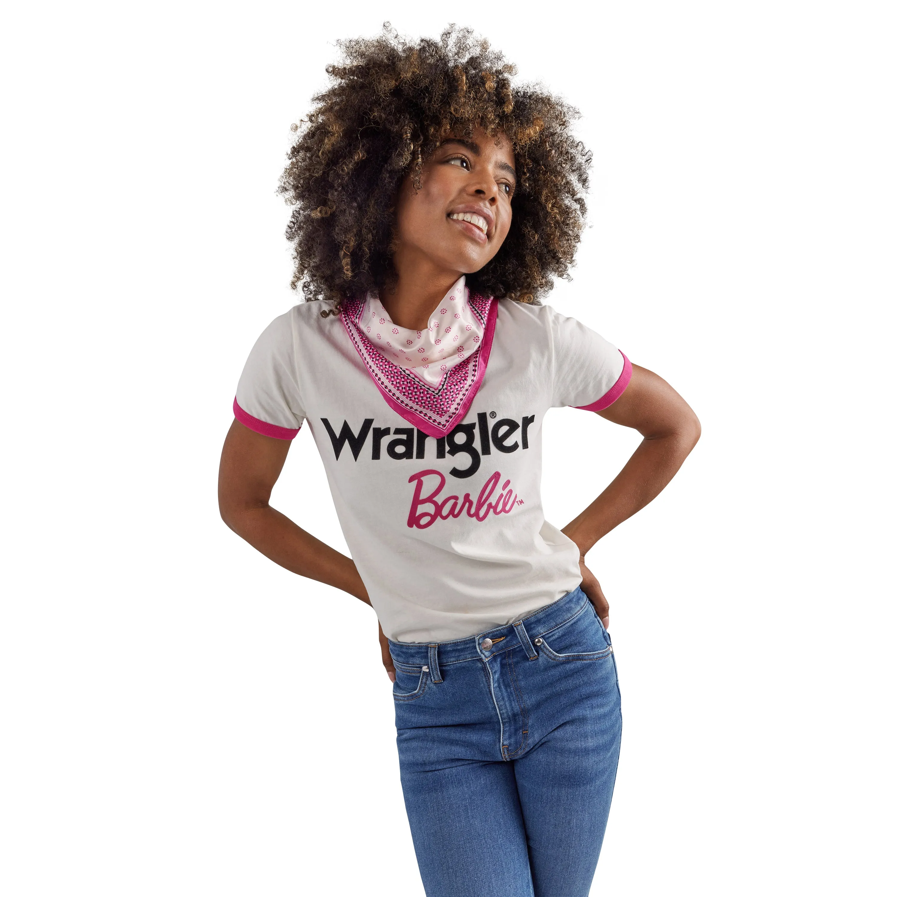 Wrangler Women's Barbie Logo Worn White Slim Ringer Tee