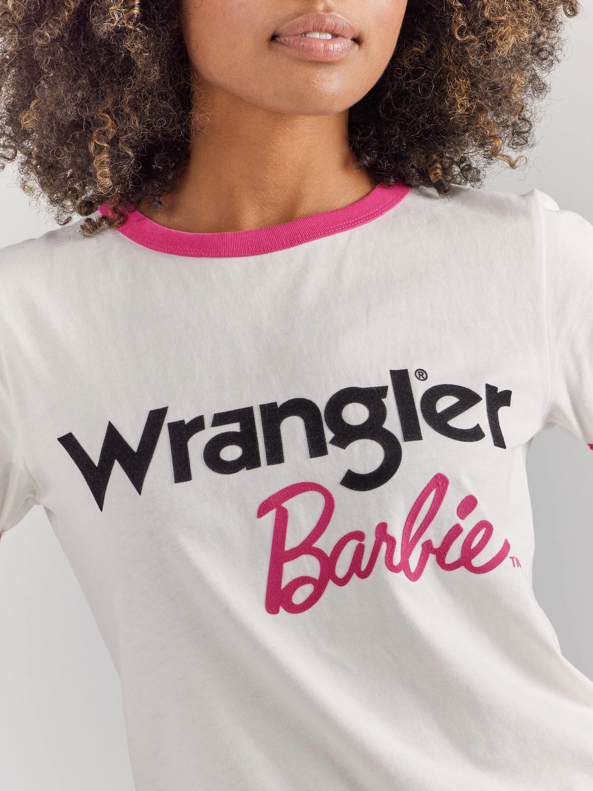 Wrangler Women's Barbie Logo Worn White Slim Ringer Tee