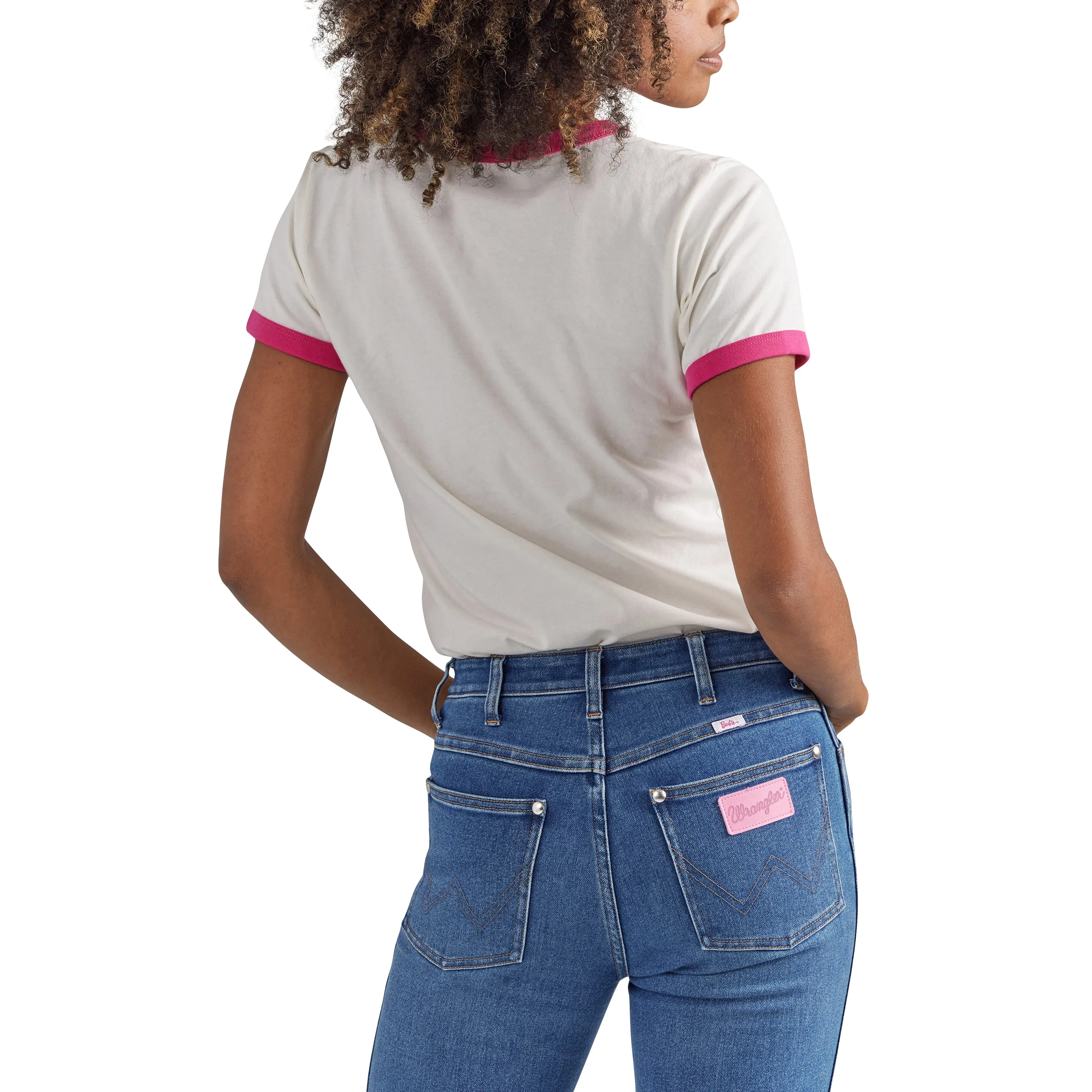 Wrangler Women's Barbie Logo Worn White Slim Ringer Tee