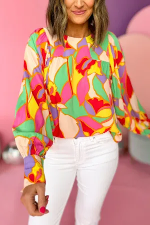 Yellow Abstract Print Bishop Sleeve Blouse