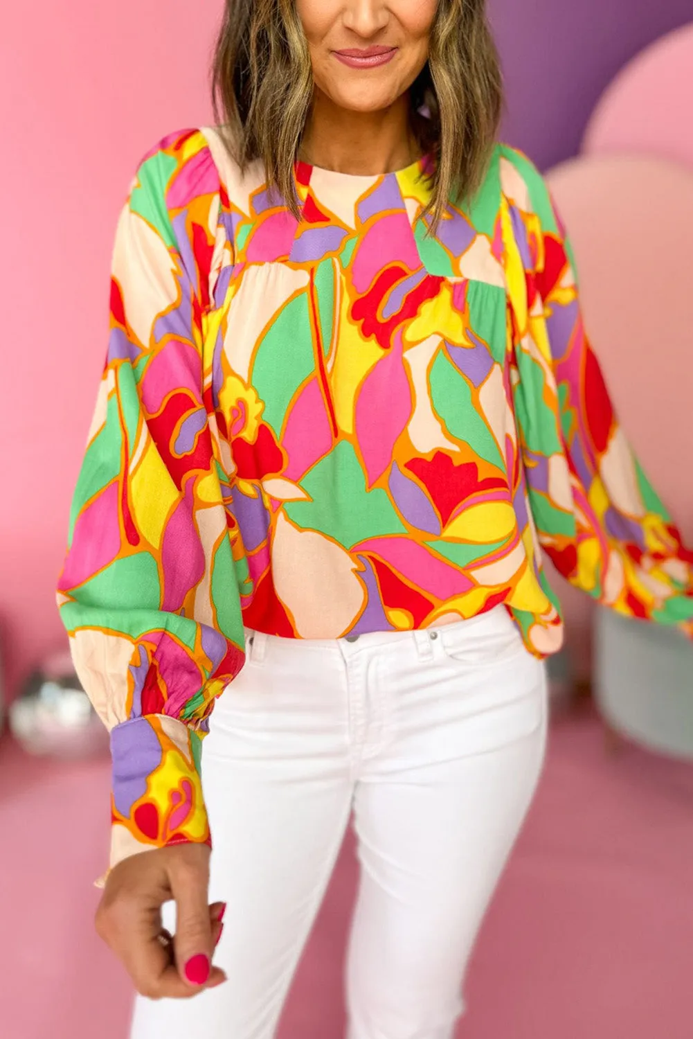 Yellow Abstract Print Bishop Sleeve Blouse