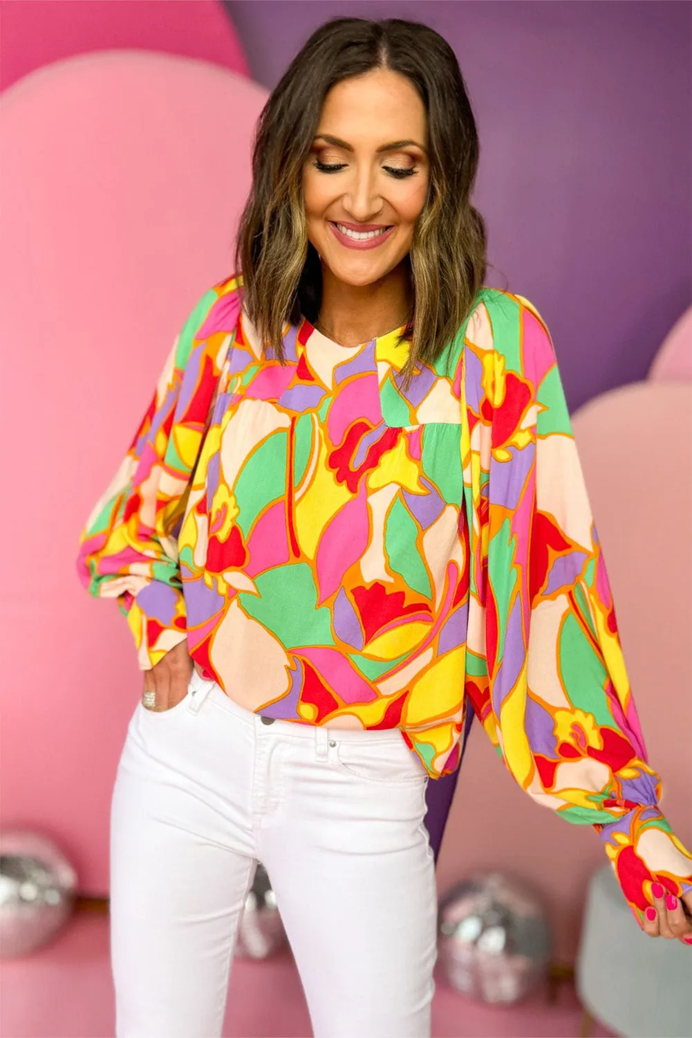 Yellow Abstract Print Bishop Sleeve Blouse