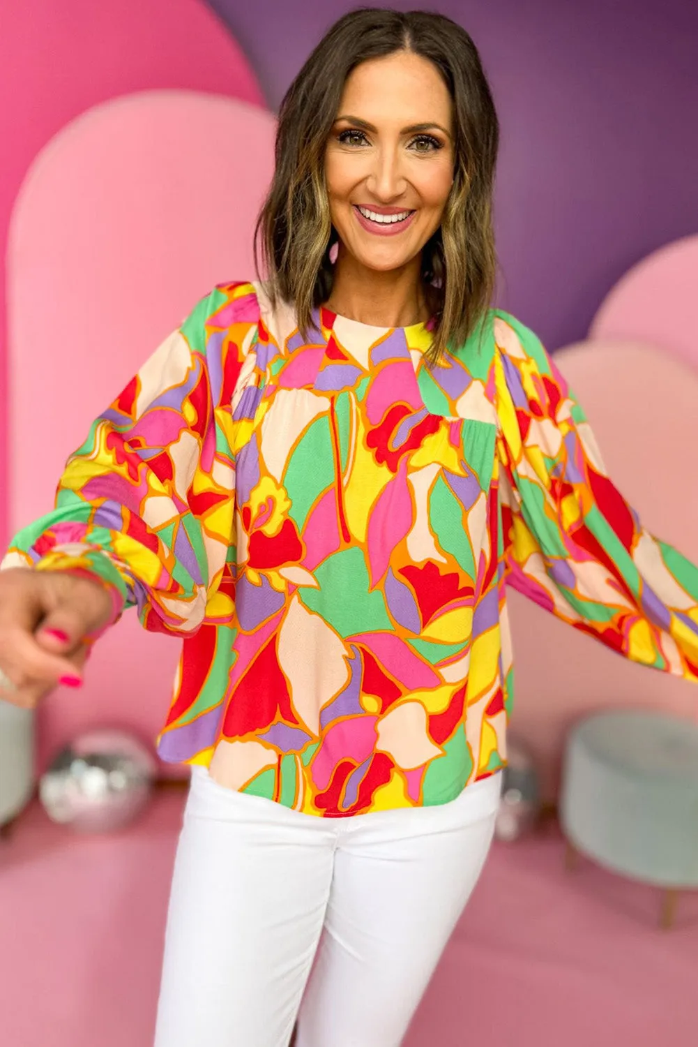 Yellow Abstract Print Bishop Sleeve Blouse