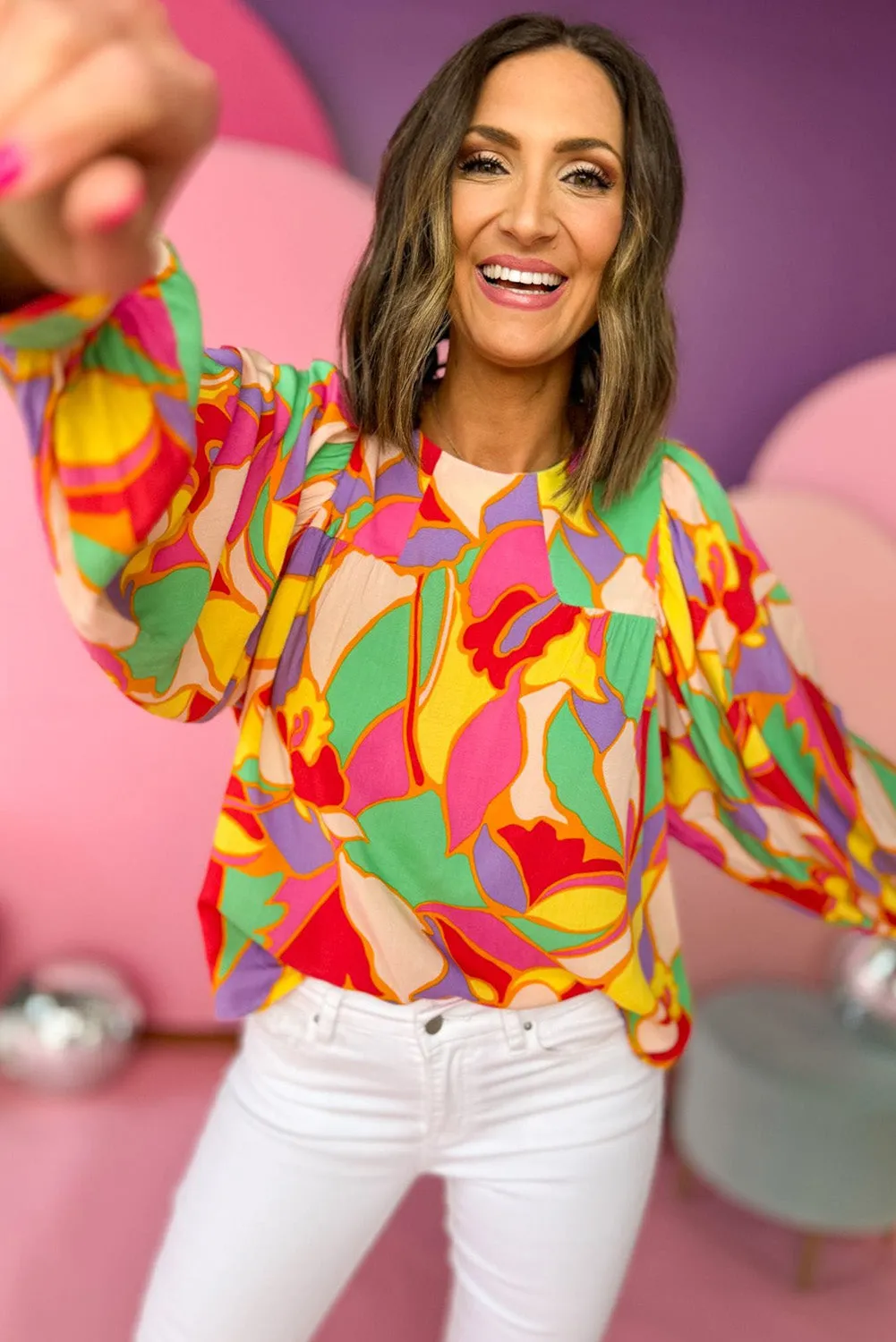 Yellow Abstract Print Bishop Sleeve Blouse